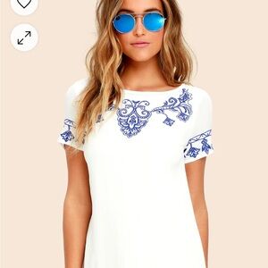 Tale to Tell Blue and Ivory Embroidered Shift Dress